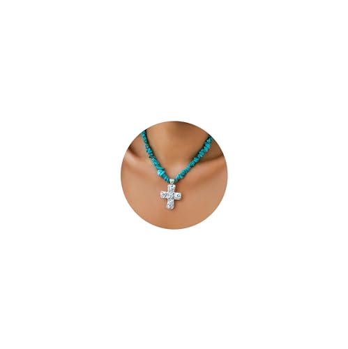 BUBGDYFO Silver Cross Pendant Turquoise Chain Choker Necklace for Women