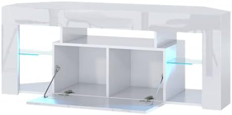 Furneo White Corner TV Stand 125cm Unit Cabinet Matt & High Gloss Milano05 Blue LED Lights