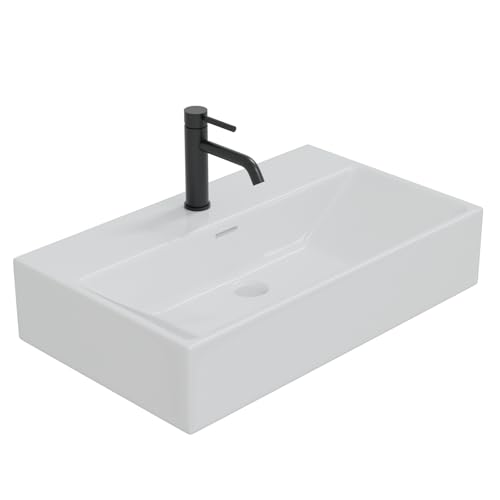 HAGO24 | Waschbecken Keramik eckig 605x365x130mm | Überlaufschutz | Aufsatzmontage | Wandmontage | weiß | kratzfest | Bad | pflegeleicht | modernes Design