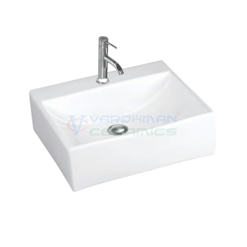 Image of Wash Basin Table Top Over Counter Vessel Sink Glossy Finish White Sink for Bathroom (18 x 15 x 6 Inch)