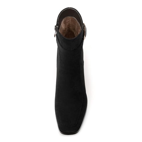 Women's Black Square Toe Mid Heel Ankle Booties with Side Zipper, Fashion Buckle Strap Ankle Boots for Women3