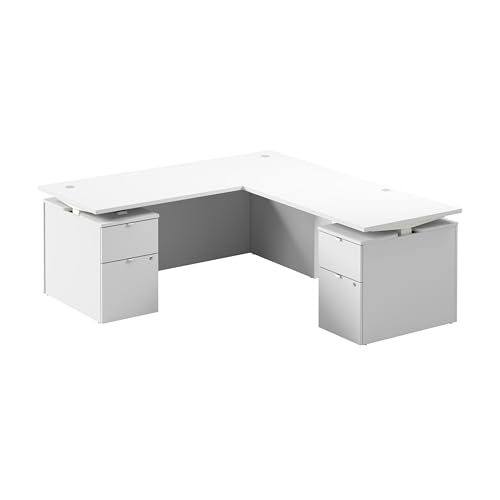 Image of Bush Business Furniture 72-inch Height Adjustable L Shaped Standing Desk with Drawers, Ergonomic Sit-Stand Computer Table for Office, Stratus Collection, White with White Base