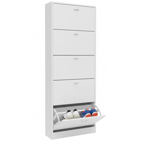 Scarpiera Portascarpe in Legno MDF Melaminico Scaffali Ante a Ribalta Maniglie Grigio Satinato Doppia Profondità Adatta a Scarpe Stivali Ciabatte Tacchi Istruzioni Incluse (Bianco, 5 Ante)