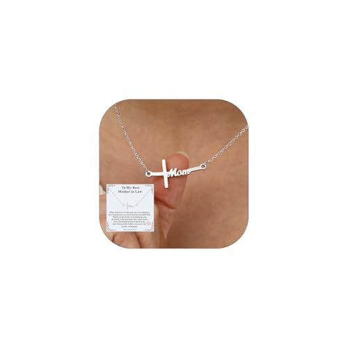 FaithHeart Stainless Steel Small Mom Cross Necklace for Women - Silver/Gold Dainty Faith Christian Pendant Necklaces with Message Card, Religious Jewelry Gifts for Mother Birthday C3-Mother