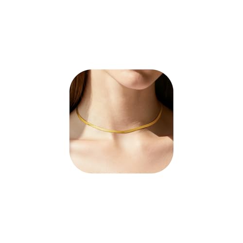 FindChic Herringbone Choker Necklace for Women, Black/Stainless Steel/14K Gold/Rose Gold Plated Adjustable Flat Snake Chain Necklaces, 3/5MM Width 12.5/15/18 Inches, with Jewelry Gift Box
