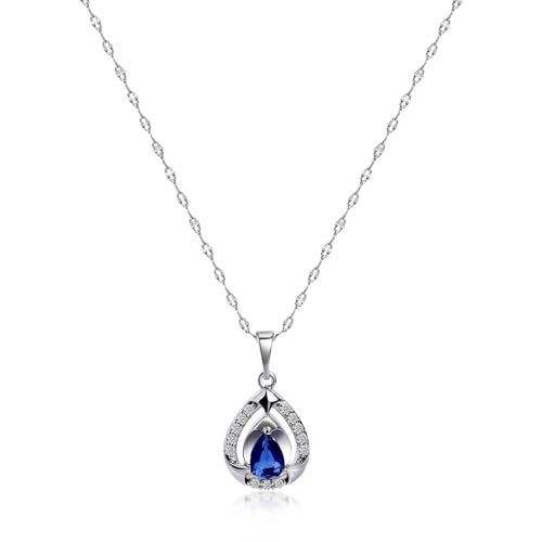 Sapphire Necklace Sterling Silver Teardrop Crystal Cubic Zirconia Necklace Birthstone Pendant Sapphire Jewelry for Women