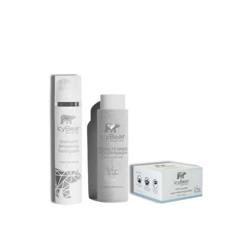 Image of ICY Bear Porcelain Care Bundle - Teeth Whitening and Stain Remover Treatment for Sensitive Teeth. Comes with Brightening Mouthwash, Diamond Dust Toothpaste & Pap+ Whitening Powder