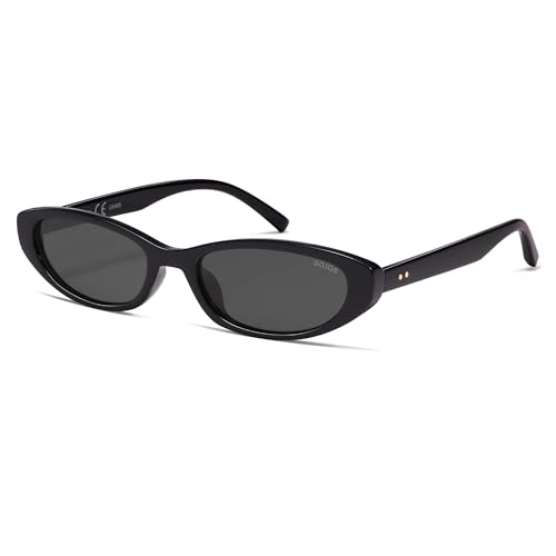 SOJOS Trendy Small Thin Y2k Cat Eye Polarized Sunglasses Womens Mens 80s 90s Retro Oval Sunnies SJ2664 Black/Grey