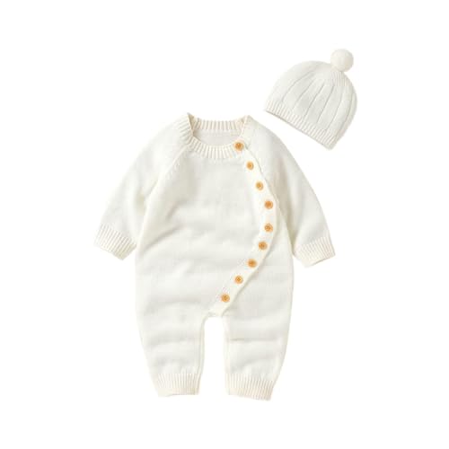 Geogenry Newborn Baby Girls Boys Sweater Jumpsuit Winter Knit Romper Clothes Button Solid Bodysuit Jumpsuit Hat 2pcs Outfit (Creamy White, 0-3 Months)