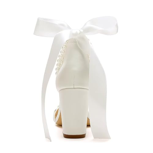 Image of Block Heel Wedding Sandals Pearl Wedding Shoes for Bride Open Toe Bridal Shoes Chunky Heel Sandals