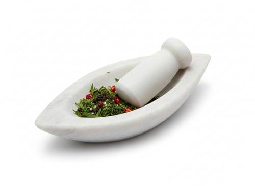 Image of Marble Mortar and Pestle Set Stone, Khalbatta, Kharal, Okhli, Imamdasta, Musal, Masher, Mixer, Idikallu, Silbatta for Kitchen Boat Shape 7 Inch