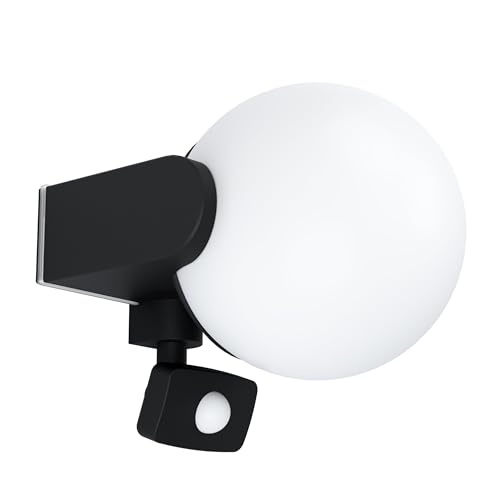 Eglo Lampada da parete per esterni Rubio, lampada da esterno con rilevatore di movimento, sensore crepuscolare, lampada da parete in alluminio fuso in nero, plastica in bianco, E27, IP44