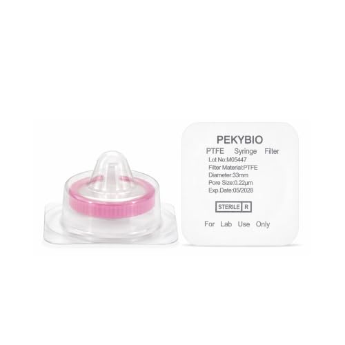 Image of PEKYBIO Sterile Syringe Filter, 33mm PTFE Hydrophobic Filtration 0.22μm Pore Size with Pink Smooth Ring, Individually Packed for Lab, Pack of 10