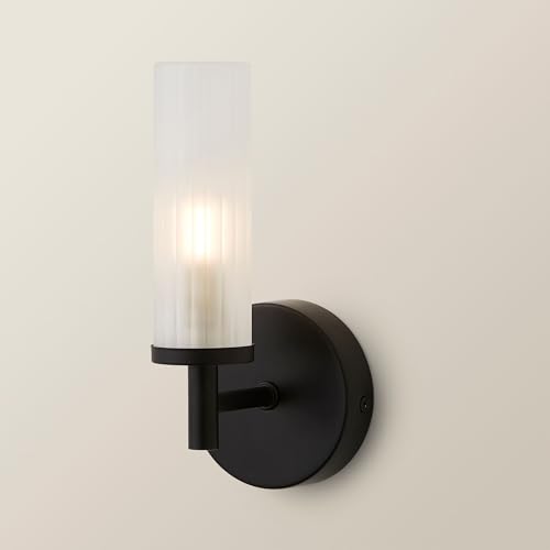 MiniSun | Modern Matt Black and Reeded Glass Shade Wall Light Fitting | Bath Wall Lights, Home Décor & Improvement Essential | Mains Wired