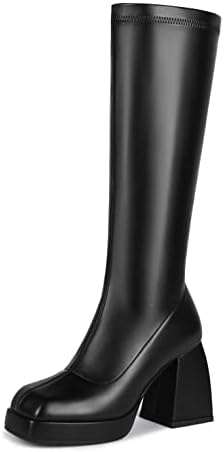 DOBOYG Women's Platform Boots Go Go Boots Knee High Boots Stretchy Square Toe Chunky Block Heeled Boots
