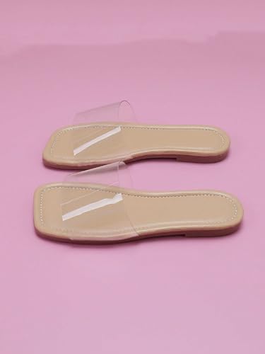 GORGLITTER Girl's Clear Sandals Dressy Flat Sandals PU Leather Open Toe Slip On Slide Sandals Beige Clear 3.53