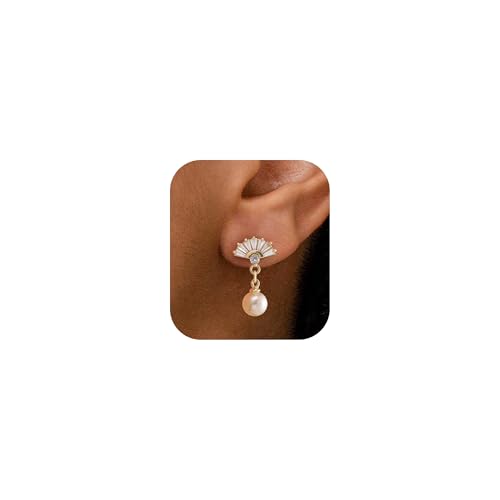 PRTGL Pearl Earrings: 14k Gold-plated Cubic Zirconia Accented Pearl Drop Wedding Engagement Earrings For Women Bridal Bridesmaid (Fan Designed)