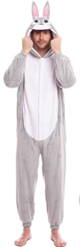 Disfarce coelho homem mulher unissexo olhos roxo【Tamanhos adultos S a L】[tamanho M] macacão inteiro quente macio fecho de correr disfarces carnaval animais desfiles obras teatro performances
