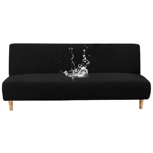 Waterproof Futon Cover, Stretch Futon Slipcover Jacquard with Elastic Bottom Removable Armless Sofa Cover Washable Furniture Protector-Black-Large