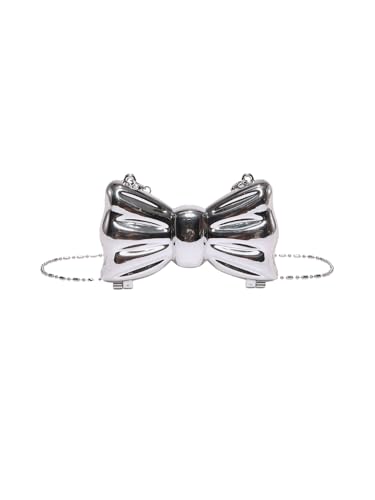 QWINEE Womens Bow Shaped Mini Clutch Purses Cocktail Evening Bag Chain Strap Solid Mini Crossbody Bag for Party Silver One-Size