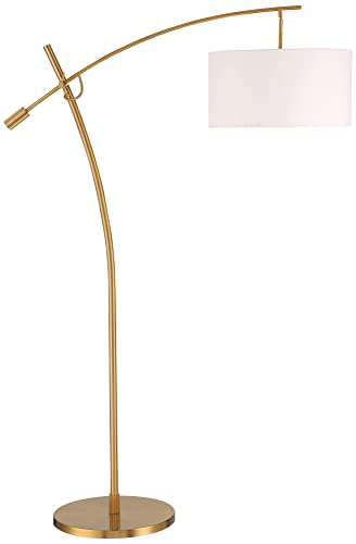 Possini Euro Design Raymond Modern Arc Floor Lamp 69" Tall Warm Gold Metal Adjustable Boom Arm White Linen Drum Shade Decor for Living Room Reading House Bedroom Home Office House - Image 3