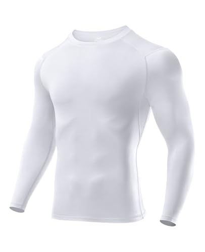 Niksa 1 Packs Long Sleeve T Shirt Men's Muscle Fit T-Shirt Compression Breathable Slim Tops for Gym Work Running Sports Cycling Active Wear Base Layers Mesh Quick-Drying Clothing,White,XL