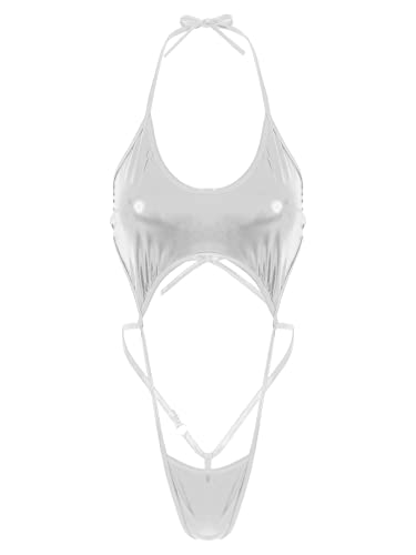 Agoky Women Shiny Glossy Bikini Swimsuit Halter Lingerie Exotic String One Piece Swimwear Silver One Size #TOP4