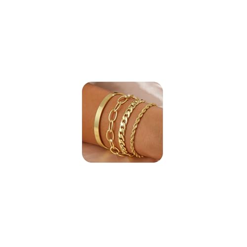 14K Gold Bracelets for Women Dainty Gold Bangle Bracelets Minimalist Stackable Rope Bead Herringbone Chain Trendy Waterproof Accessories Jewelry Set for Gifts