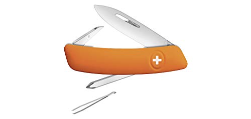 SWIZA Navaja multiusos suiza D02OR con hoja de acero 440C de 7,5 cm, linerlock y empuñadura de color naranja. Seis usos diferentes + Portabotellas de regalo