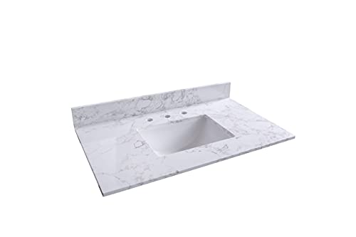 Merax 37´´x 22´´ Bathroom Vanity Stone Carrara White Tops with Rectangle Undermount Ceramic Sink and Back Splash with 3 Faucet Hole for Bathrom Cabinet, B