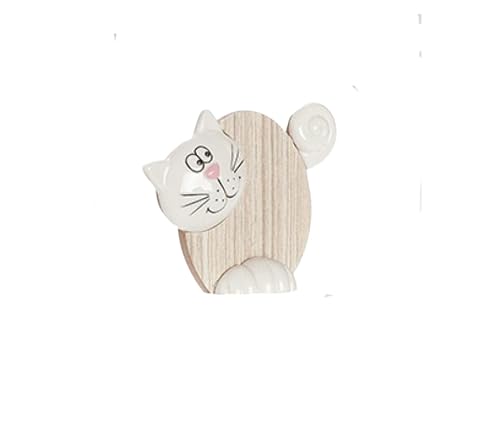 DRW Figura Gato Madera y Ceramica Blanco y Natural 8x2.5x10 cm