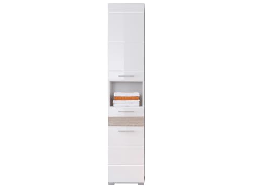 trendteam smart living - Mezzo - Hochschrank - Weiß Hochglanz/Eiche Sägerau - Badregal modern mit 6 Fächern und Einer Schublade - (BxHxT) 37 x 182 x 31 cm - 3 verstellbare Einlegeböden