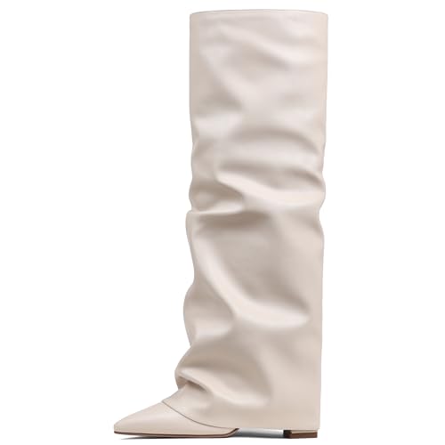 Image of SaraIris Women's Slouchy Knee High Boots - Black, Pointed Toe, Fold Over, Chunky, Shark Boots