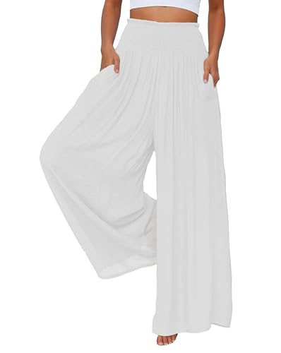 Womens Summer Elegant Elastic Waist Pant Plus Size Casual Trousers with Pockets Lightweight Wide Leg Beach Pants