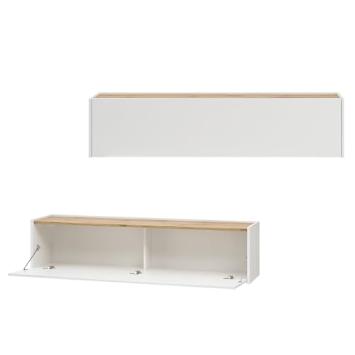 Lomadox Wohnwand mit Homeoffice-Lösung weiß mit Eiche 4-teilig modern, 1 Wandpaneel mit Beleuchtung, 1 TV-Hängeschrank, 1 Hängeschrank, 1 Hängesekretär – Bild 8