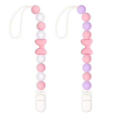 Image of LSTRAGY Silicone Pacifier Clip, 2 Pack Pacifier Holder for Boys and Girls, Adorable Butterfly Bow Pacifier Clips Fits for Most Pacifier, Baby Teethers, Baby Shower and Baby Gift(Pink&Purple)