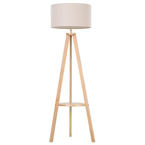 HOMCOM Lampada da Terra con Ripiano Intermedio Paralume in Lino Interruttore a Pedale Risparmio Energetico Altezza 154cm, Legno, 50x50x154 cm