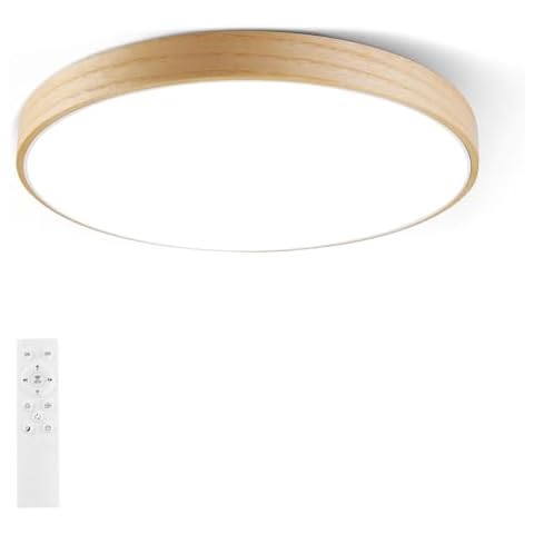 HOREVO Smart LED Ceiling Light,Minimalist Wood Flush Mount Ceiling Light Fixture with Remote Control,Color Changing Dimmable Light with Alexa Google Home, Natural Wood Material Light for Bedroom Cover