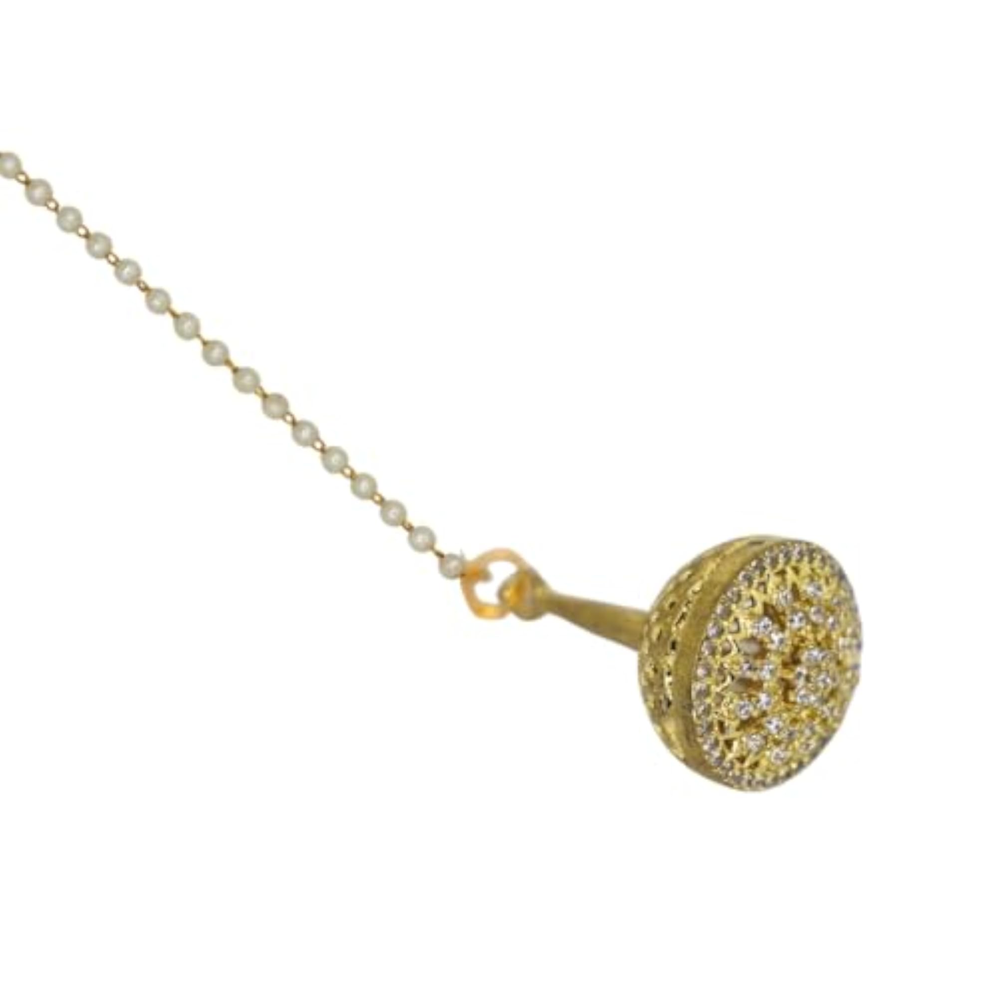 Women's Plated Traditional Borla Maangtika with Pearl Chain, Bridal Accessory