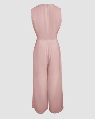 CHICME Women's 2 Piece Summer Outfits V Neck Metal Button Front Crop Tank Vest Wide Leg Pants Set Vacation Travel Matching linen Sets Pink-L