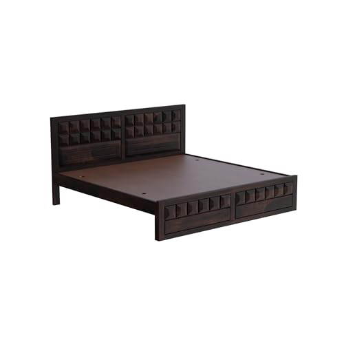 Image of Solid Sheesham Wood Queen Size Bed Without Storage | Wooden Double Bed Cot Bed for Bedroom Furniture | Palang Double Bed for Hotels | Walnut