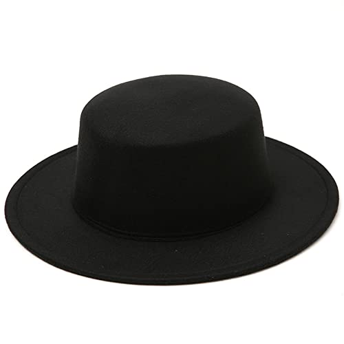 VASANA Modischer klassischer schwarzer Fedora-Hut aus Wollmischung mit breiter flacher Krempe, Church Derby Kappe, Pork Pie Hut, Jazz-Hut für Unisex Herren Damen, Hochzeit,...