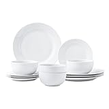 simpa Timeless 12PC Plain White Porcelain Dinner Set: 4 Dinner Plates, 4 Side Plates & 4 Bowls. Dishwasher & Microwave Safe.