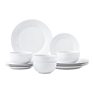 simpa Timeless 12PC Plain White Porcelain Dinner Set: 4 Dinner Plates, 4 Side Plates & 4 Bowls. Dishwasher & Microwave Safe.