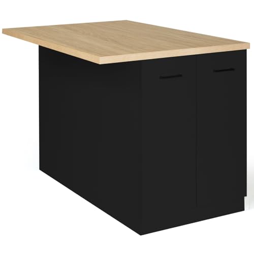 IDMarket - Isla central de cocina Ivo 120 cm madera negra con encimera de madera de haya