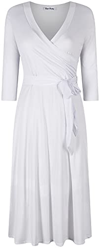 Image of Women's 3 /4 Sleeve V-Neck Printed Knee Length Midi Faux Wrap Floral Dress White S