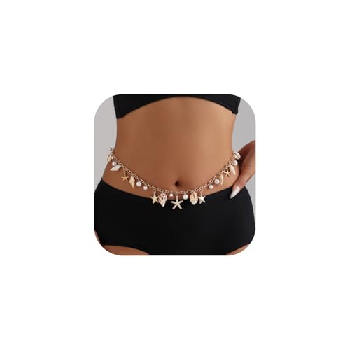 Todenb Sea Shell Starfish Waist Chians for Women Boho Conch Pearl Body Chains Waterproof Summer Beach Seashell Chains Waist Body Jewelry
