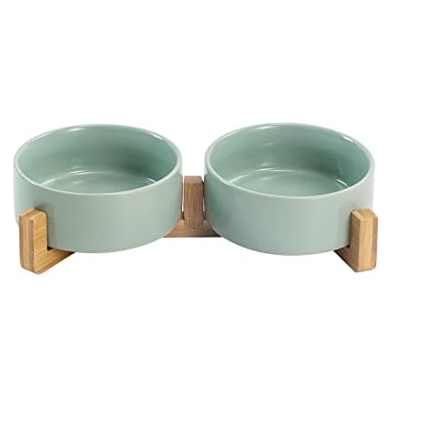 SPUNKYJUNKY Ceramic Dog and Cat Bowl with Wood Stand Non-Slip Glossy Glaze Weighted Food Water Set (400ml, light green x 2) Cover