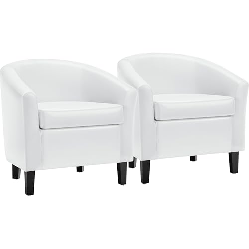 Yaheetech White Accent Chairs Set of 2, Faux Leather Barrel Chairs, Modern Living Room Chairs, Comfy Club Chairs with Sturdy Wood Legs for Bedroom/Reading/Room/Waiting Room, White