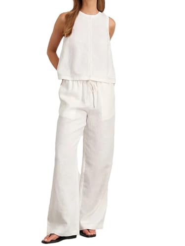 Women's Cotton Linen Vest Pants Set Wide Leg Long Pants Sleeveless Top Casual Suit
